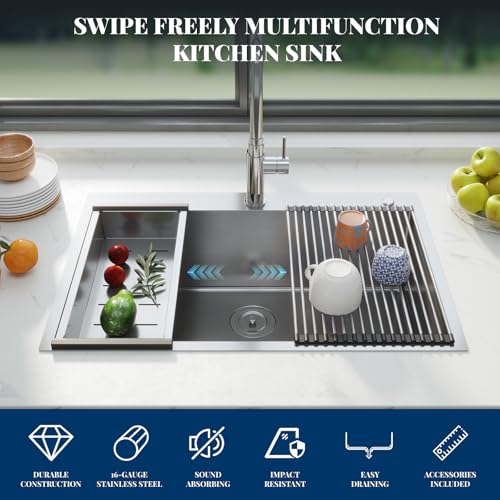 33 x 22 Drop-In Workstation Kitchen Sink – 16 Gauge Stainless Steel Topmount Sink, 10" Deep Single Bowl & 5 Accessories