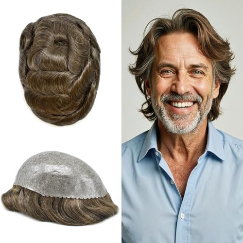 Toupee for Men Hairpiece Full Injected Poly Skin Hair System Replacement Durable PU Mens Toupee Hair Piece Unit for Men 7''X9'' #510 Medium Light Brown+10% Gray 120% Density