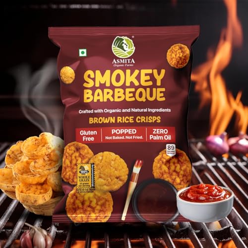 Image of Asmita Organic Farms Brown Rice Popped Crisps | Not Baked, Not Fried | Low-Fat, High-Fiber Healthy Snacks with Millets | Smokey Barbeque Flavor | Low-Calorie | Pack of 3 (55g Each)