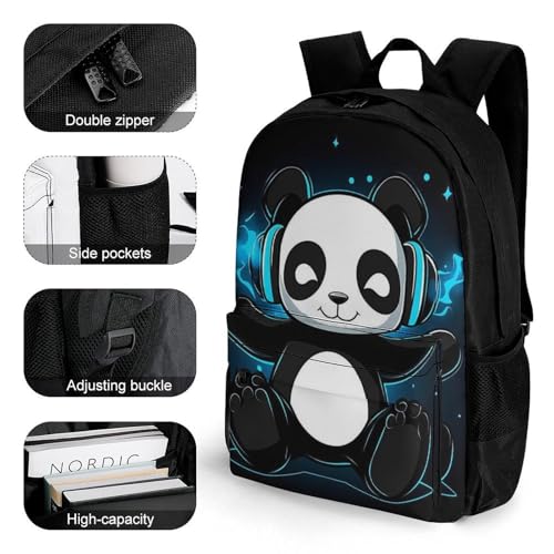 Daypack Bookbag Anti-Theft Multipurpose Large Capacity Bookbag - Black And White Panda Animal Headphones Music Cute Panda Travel Hiking & Camping Rucksack With Adjustable Shoulder Straps3