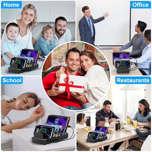 510W Fast Charging Station for Multiple Devices, 10 Port USB C Charger Station with Flame-Retardant Material & 8 Cables for iPhone, Android, iPad, Tablets, Family Office Desk Charging Dock Organizer