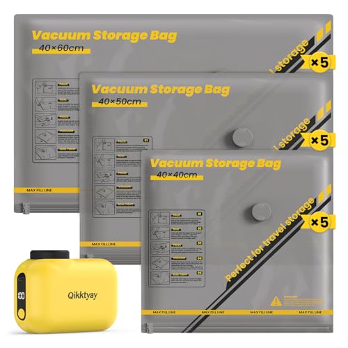 Vakuumbeutel für Kleidung mit Kabellose Vakuumpumpe – 15er Set Vakuumbeutel Reise (40×40/40×50/40×60 cm), ideal für Reise & Aufbewahrung – Vacuum Bags for Clothing Travel & Storage