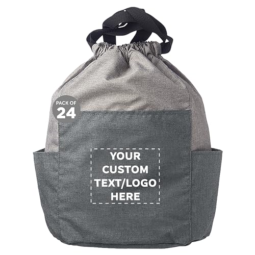 DISCOUNT PROMOS Custom Kindling Satchel Drawstring Backpacks Set of 24, Personalized Bulk Pack - Versatile, Lightweight, Secure, Ideal for Daily Use, Gym, Travel - Grey