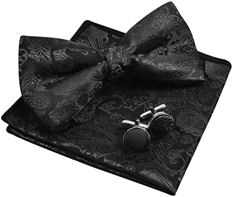 Alizeal Mens Paisley Bow Tie, Pocket Square, Cufflinks Set (Black)
