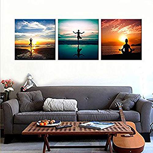 3 Panels Seaside Painting Do Excerise Yoga On The Beach Picture Printed On Canvas Wall Art For Home Decoration Stretched And Framed Ready To Hang (30X30Cmx3Pcs) #TOP3
