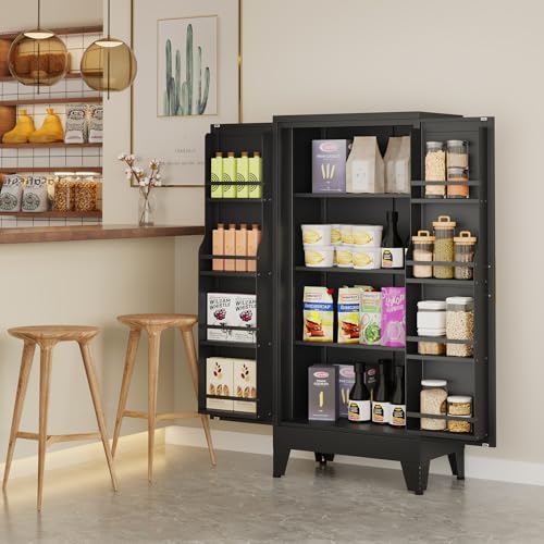 Image of White Pantry Storage Cabinet, 48 inch Kitchen Pantry with Doors and 3 Adjustable Shelves, Metal Freestanding Buffet Cupboards Sideboard, for Office, Home, Garage, School
