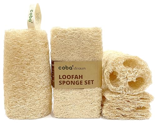 Coba Straws Natural Loofah Sponge Set (4-Pack) | Shower Loofah Exfoliating Body Scrubber for Women & Men | Multi-Use Sponge for Shower, Spa, Kitchen, Pet | 100% Natural, Dye-Free, Eco-Friendly