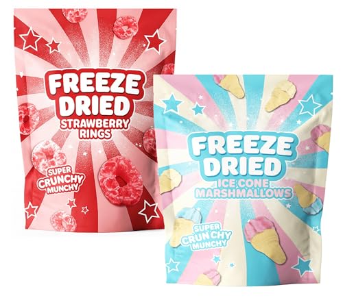 CREST | 2x Freeze Dried Süßigkeiten Mix | Erdbeerringe & Marshmallow Cones | Crunchy Candy Box | Probier Set & Geschenkidee