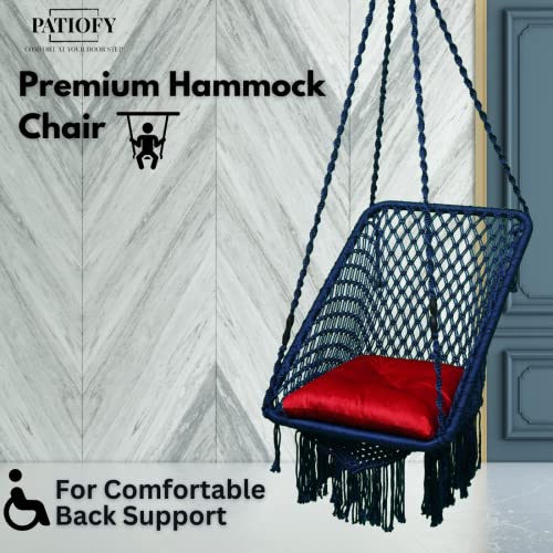 Image of Patiofy Swing for Balcony /Jhula for Adults /Swing for Adults for Home /Premium Square Hanging Swing /Includes Hanging Kit & 20 * 20 Inches Sitting Red Cushion (Navy Blue)