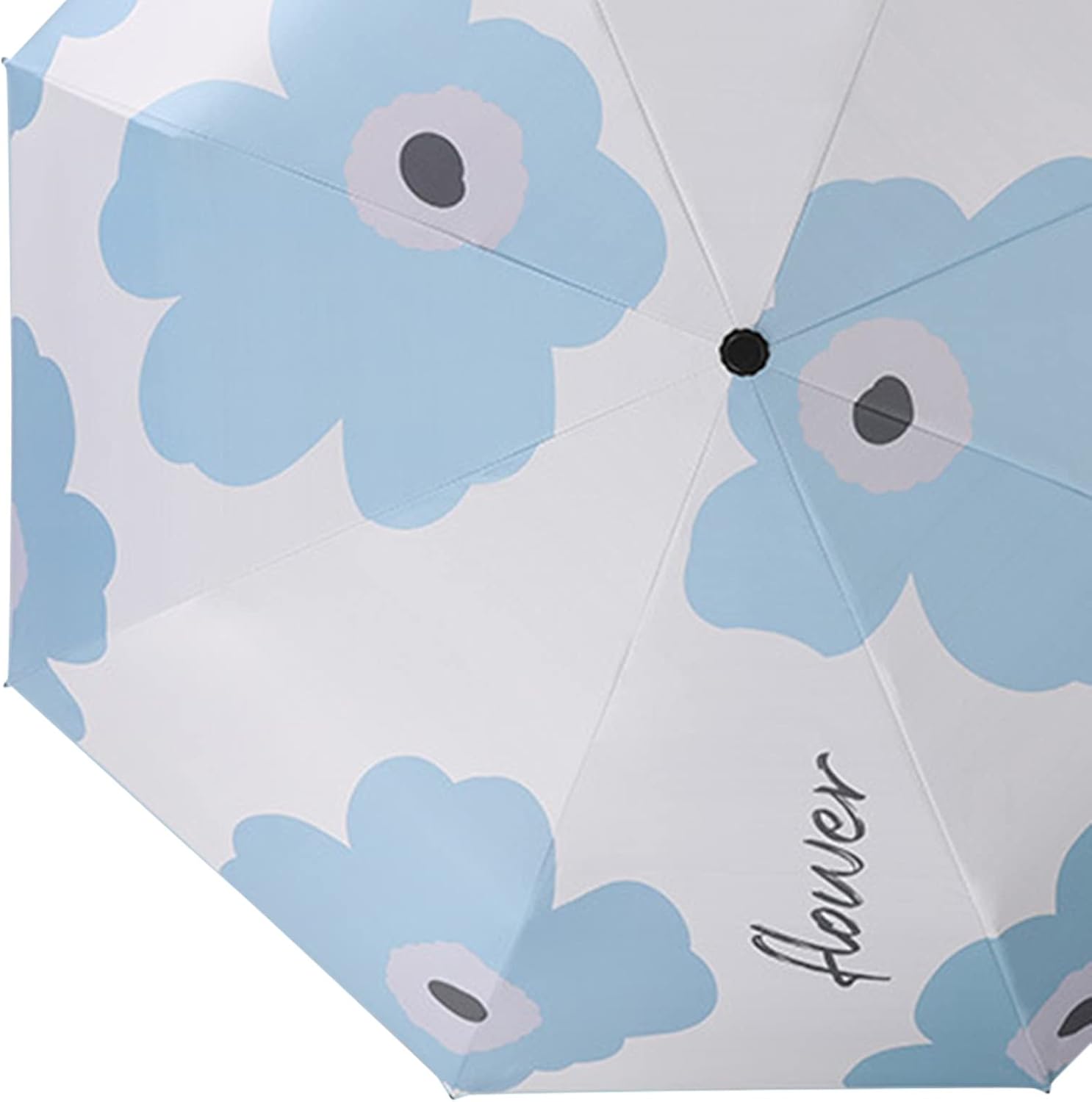Shanrya Foldable UV Protection Umbrella, folded and secured with its strap, next to its storage case.