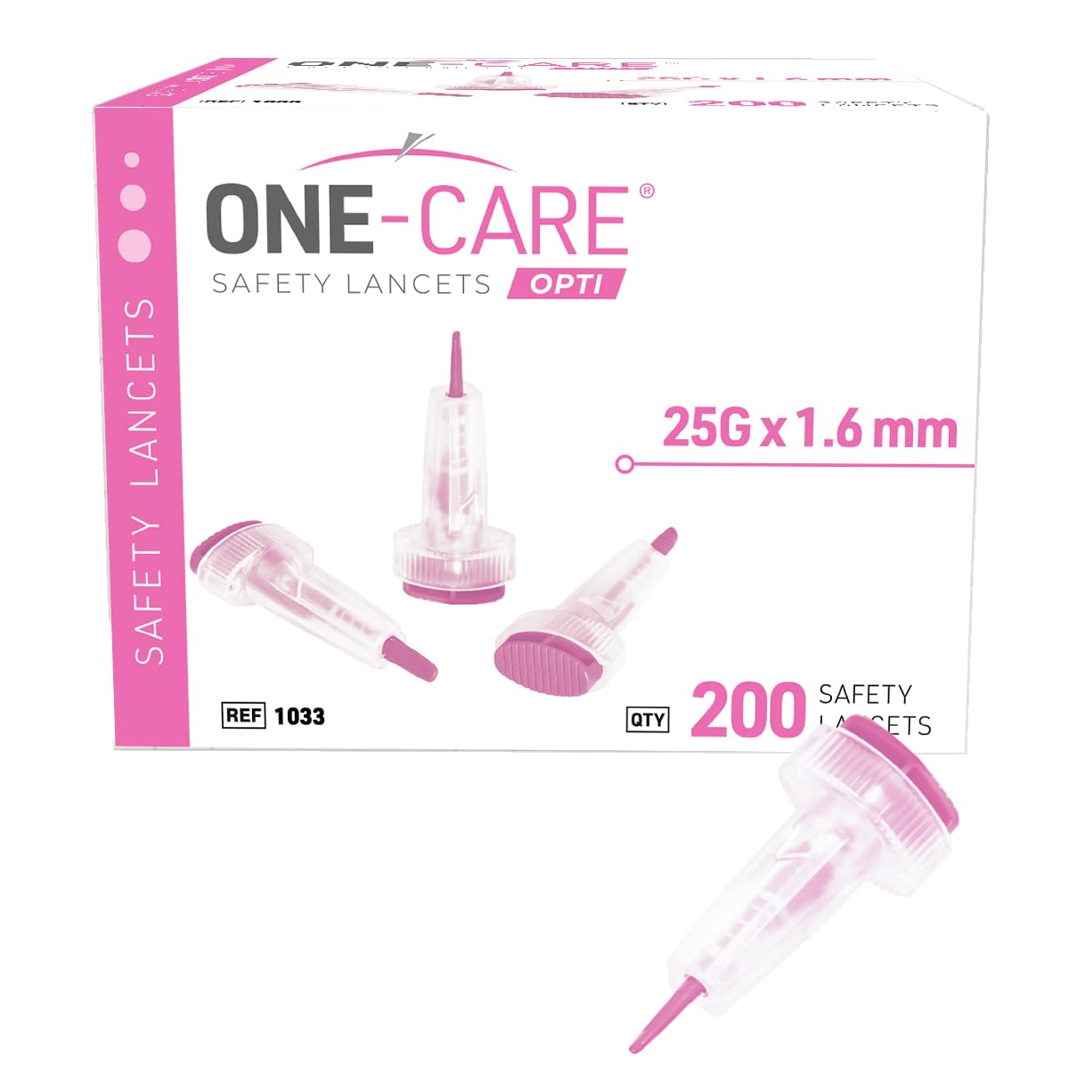 ONE-CARE Opti Safety Lancets Top Button Activated, 25G x 1.6mm, 200 Count