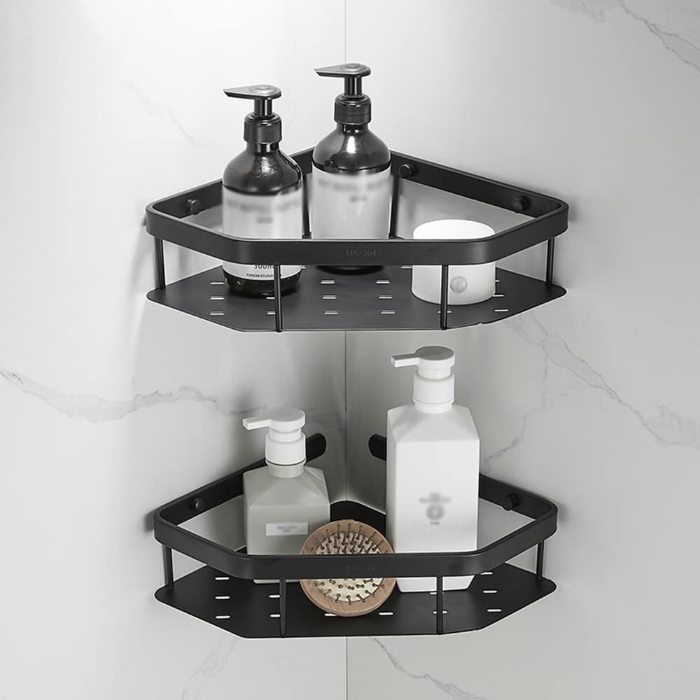 Corner Shower Caddy Black Brass Bathroom Shelf Shower Shelves Storage Rack Wall Mounted Double Tier Corner Basket Bathroom