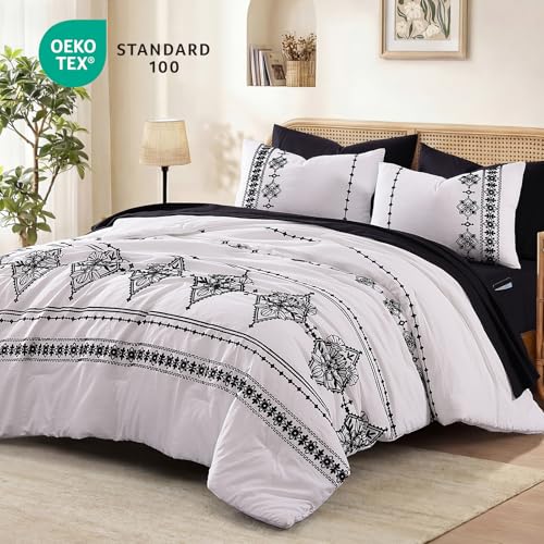 Image of MaiReve King Size Comforter Set Embroidery Floral 7 Pieces Bed in a Bag