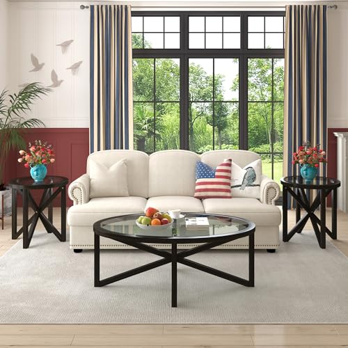 Polibi Modern Oval Glass Coffee Table, Solid Wood Base Tempered Glass Coffee Tables for Living Room, Black