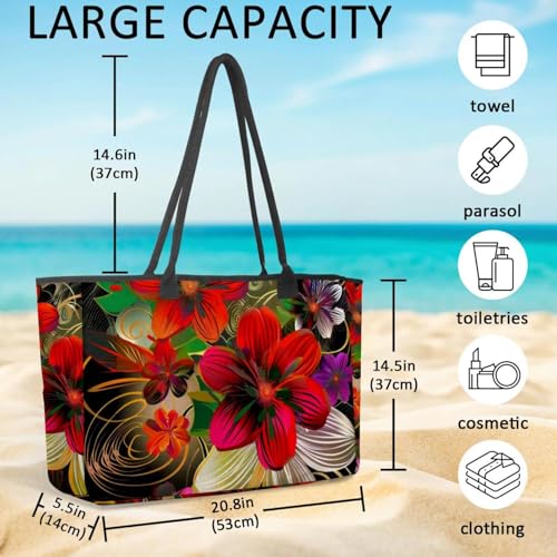 Large Beach Bag for Women, Daisy Flower Colorful Painting Travel Tote with Pockets Waterproof Shoulder Handbag4