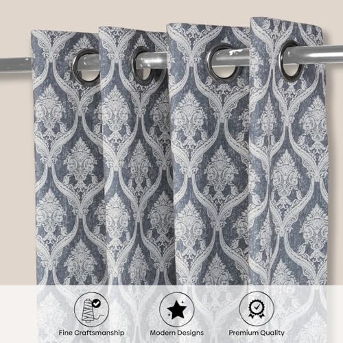 Image of haus & kinder Printed Jacquard Door Curtain 7 Feet Long Pack of 1 Door Curtain, 7 Feet Curtain for Door (Ornate Symphony, Sapphire Damask Design 130x213 CM)