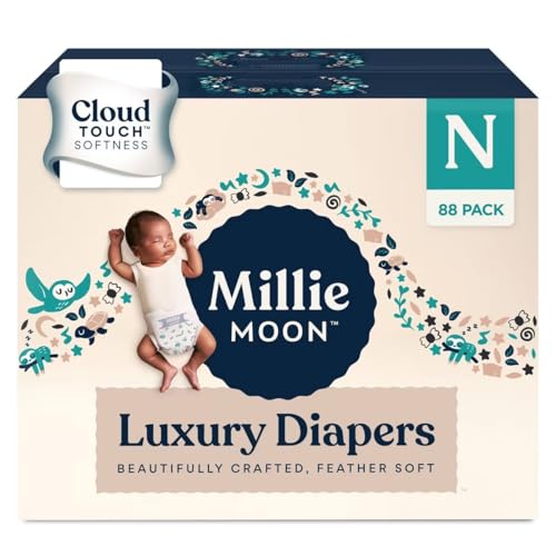 Image of Millie Moon Luxury Diapers - Size Newborn (<9lbs), 88 Count, CloudTouch Ultra Soft Diapers, Up to 12hr Absorbency, Double Leak Guard and Wetness Indicator