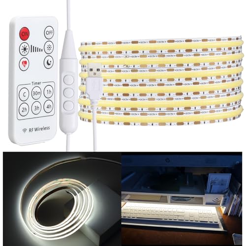 White LED Strip Tape Lights COB 5V USB-Powered Dimmer RF Remote Control 6.56ft 2m 960led Dotless 10W 800lm CRI Score 95 Pantry Kitchen Closet Cabinets LED Strips (Pure White 6000K 6.56ft Kit)