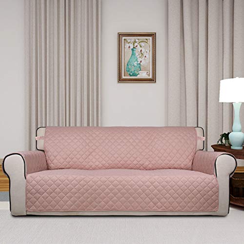 Image of PureFit Reversible Quilted Sofa Cover, Water Resistant Slipcover Furniture Protector, Washable Couch Cover with Non Slip Foam and Elastic Straps for Kids, Dogs, Pets (X Large, Pink /Beige)