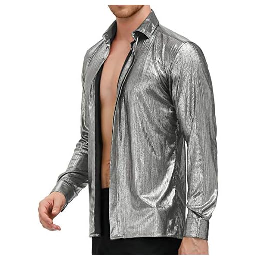 PJ PAUL JONES Mens Metallic Dress Shirts Button Down 70s Disco Shirt Party Nightclub Silver L