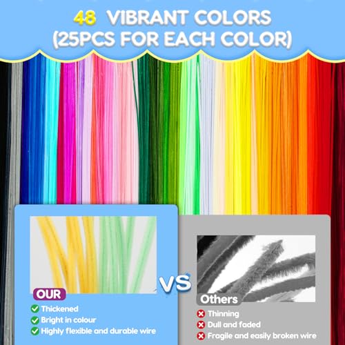 1200PCS Pipe Cleaners Craft, Pipe Cleaners Bulk for Arts and Crafts Supplies Multi-Color Chenille Stems DIY Project Room Decor,Christmas Decorations Creative Toys Gift (12inch*6mm,48colors) - Thumbnail 3