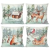 PANDICORN Winter Pillow Covers 18x18 Set of 4 Reindeer Sleigh Christmas Tree Forest Deer Xmas Winter Wonderland Decorations Outdoor Christmas Holiday Throw Pillow Cases for Sofa Couch Home Decor