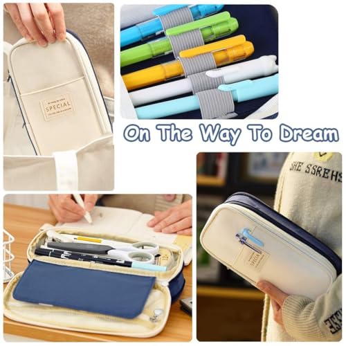 Image of Invite Kawaii 2 Compartment Cute Aesthetic Pencil Case for Girls - Large Capacity Pen Pouch Multifunctional Stationery Organizer for School Office (Spacial Navy Blue)