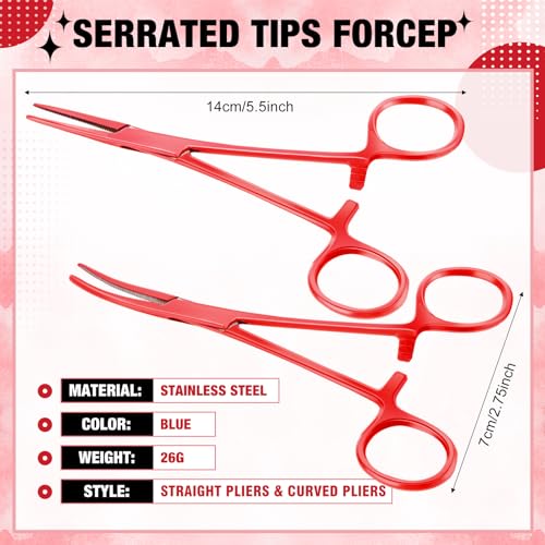 Image of BBTO Hemostat Curved and Straight Hemostat Forceps Piercing Pliers Forceps, Stainless Steel Straight and Curved Pliers, Fishing Tweezer(Red,2 Pcs)