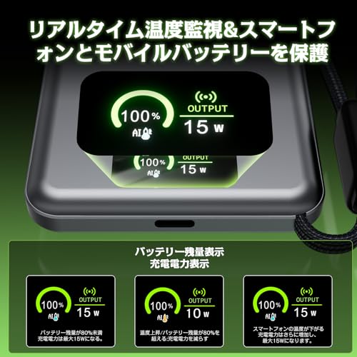 アップグレード版【MagSafe対応15W急速充電】超薄型 モバイルバッテリー 軽量 小型 10000mAh大容量 まぐせーふ対応 マグネット式ワイヤレス充電器 ケーブル内蔵 PD22.5W 3台同時充電可能 PSE認証済iPhone/iPad/Android/Airpods/Apple Watch 旅行/出張/災害用 機内持ち込み可