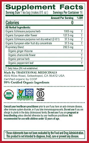 Traditional Medicinals Organic Echinacea Plus Elderberry Herbal Tea, Promotes Immune Function, (Pack Of 1) - 16 Tea Bags #TOP4