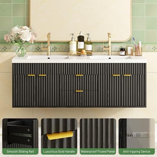 CARPETNAL 60 Inch Bathroom Vanity with Sink, Modern Fluted Large Double Sink Bathroom Vanity with Sink with 2 Storage Cabinets, Adjustable Shelf and 2 Drawers, Black - 3