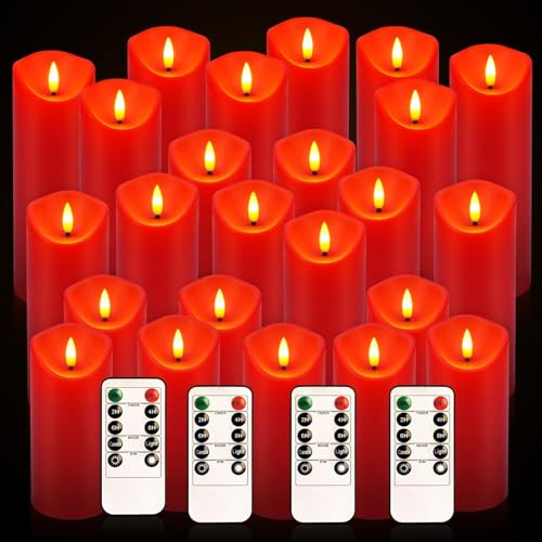 Image of 24-Pack Red Flameless LED Candles with Remote - Realistic Flickering Battery - Operated Pillar Candles forValentine's Day, Home Decor, Weddings, Parties.