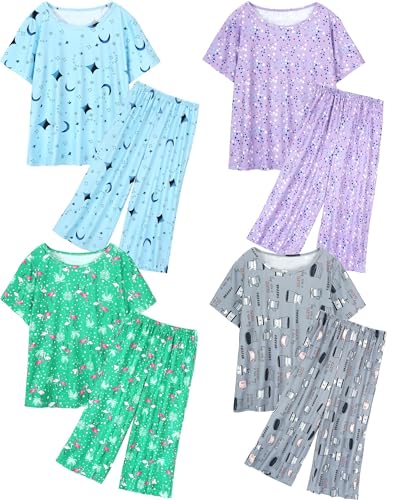 Image of XPUDAC 4 Pack Womens Pajama Sets Short Sleeve Tops with Capri Pants Soft Sleepwear Pjs Set, XL