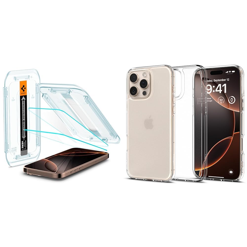 Spigen iPhone 16 Pro Max Cam Ekran Koruyucu Kolay Kurulum Glas.tR EZ Fit Slim HD (2 Adet) - AGL07907 & iPhone 16 Pro Max Kılıf Ultra Hybrid Frost Clear - ACS07993