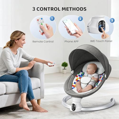 Miniatura 3 de Ixdregan Hamaca Para Bebé, Bluetooth Habilitado Eléctrica Silla Mecedora Para 0-9 Kg De Bebé Funcionamiento Con App Y Mando A Distancia Balancin Para Bebes Arco Regulable, Con Melodias