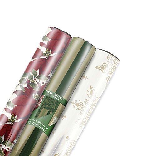 Hallmark Reversible Christmas Wrapping Paper Bundle, Classic (Pack of 3, 120 sq. ft. ttl.), Poinsettias, 3 Pack (5EWR2155)