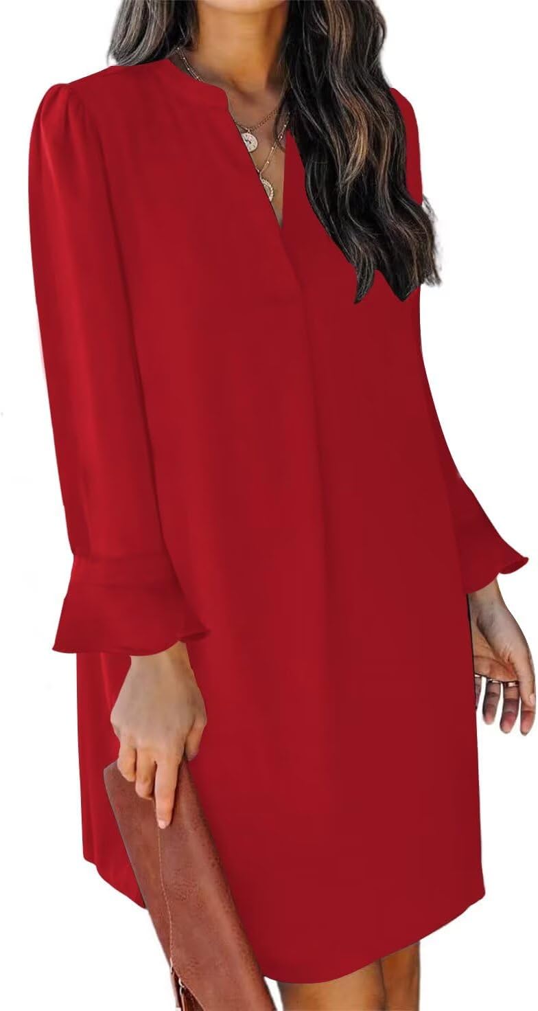 QACOHU Fall Dresses for Women 2026 Casual V Neck Long Sleeves Flowy Mini Tunic Dress