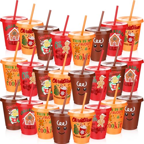 LemonRoad 24 Pcs 16 oz Gingerbread Plastic Cups with Straws and Lids Funny Christmas Tumbler Xmas Reusable Drinking Bottle Coffee Cups Gift for Winter Holiday Birthday Party Favors Supplies