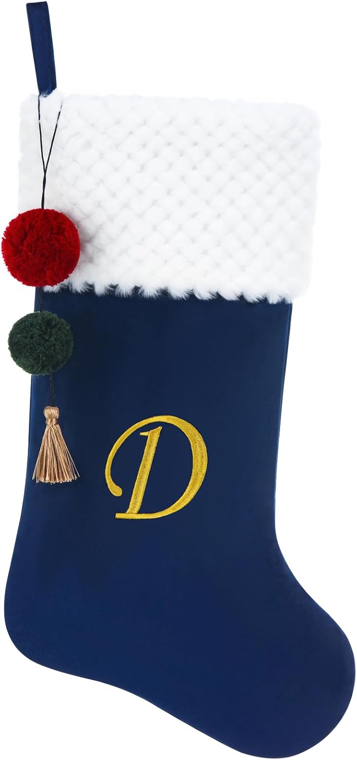 19.5" Personalized Velvet Christmas Stocking with Embroidered Initials- Fireplace Stockings, Family Holiday Xmas Party Decor (Blue D)