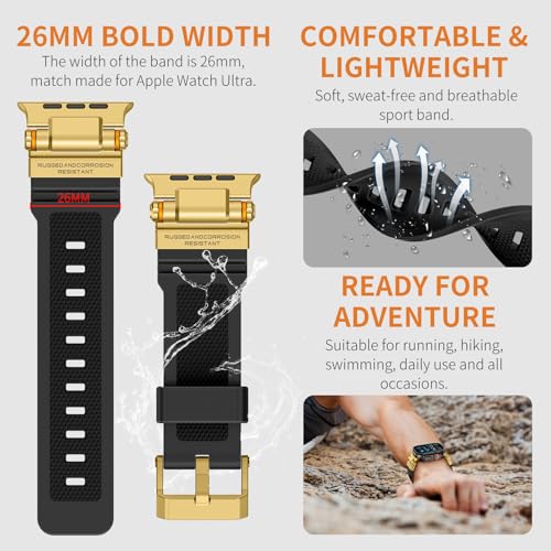 Image of FOAMUNOC Rugged Band Compatible with Apple Watch Ultra 3 /2 /1 Band 49mm /46mm /45mm /44mm /42mm, Metal Connector with Silicone Strap for iWatch Ultra Series 11 /10 /9 /8 /7 /6 /SE3 /SE2 /SE /5 /4 /3 /2 /1, Gold Black