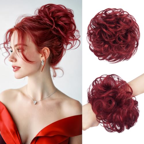 SOFEIYAN Human Hair Bun 100% Real Human Hair Messy Bun Natural Wavy Curly Chignon Hair Bun Extensions Tousled Fake Bun Scrunchies Updo Hair Pieces for Women - Wine Red