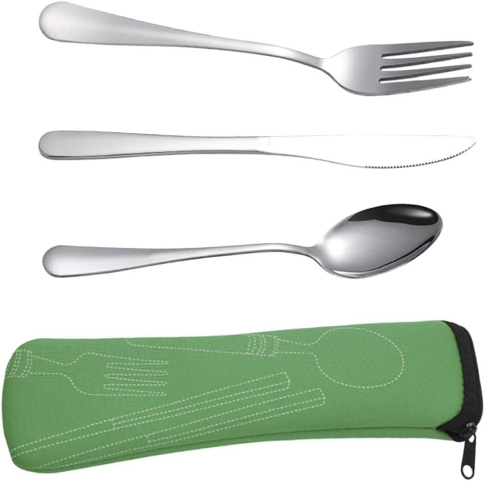 Holibanna Stainless Steel Camping Cutlery Set with Spoon Fork Knife, Portable Outdoor Tableware Set with Green Carrying Pouch for Travel Picnic Hiking