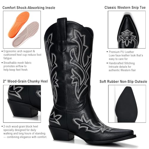 Image of Cowboy Boots for Women - Embroidered Western Cowgirl Boots with Fashion Snip Toe, 1.75-Inch Low Block Heel and All-Day Comfort Fit