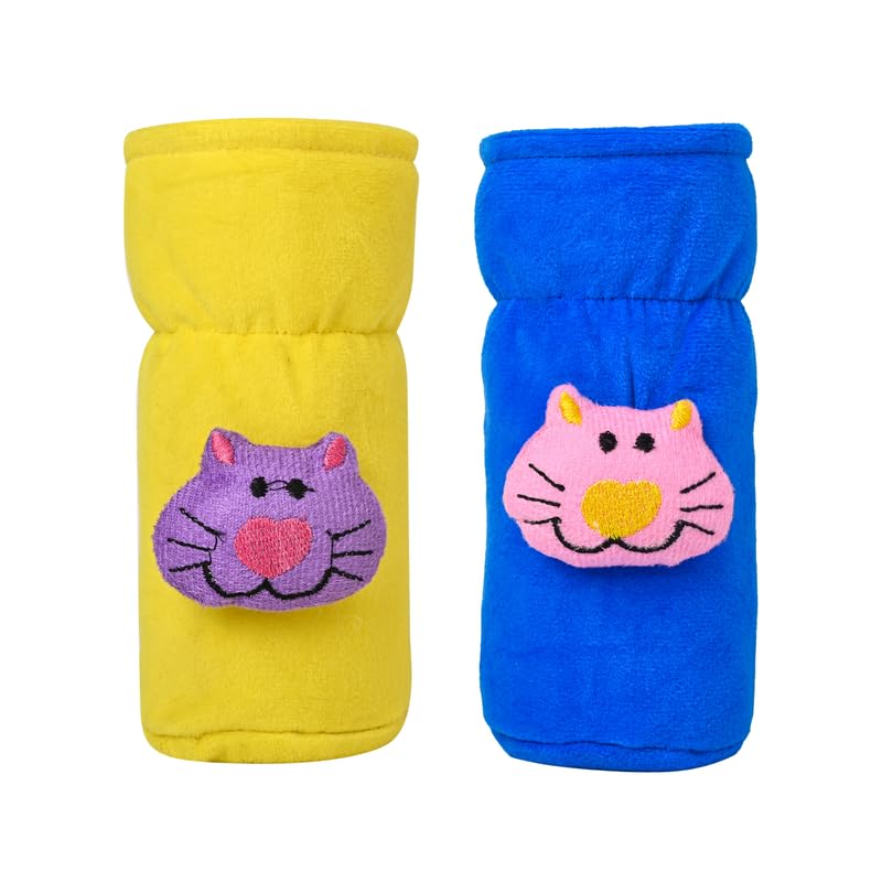 Image of Soft Plush Stretchable Baby Feeding Bottle Cover Easy to Hold Strap with Cute Animated Cartoon| Suitable for 60-125 Ml Feeding Bottle (Yellow-Light Blue)