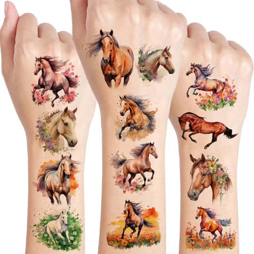 Tatuaggi temporanei per cavalli, 10 foglie, acquerelli, cavalli, per ragazze, ragazzi, corpo, braccia, spalla, regalo di compleanno, piccoli tatuaggi per bambini, delicati sulla pelle