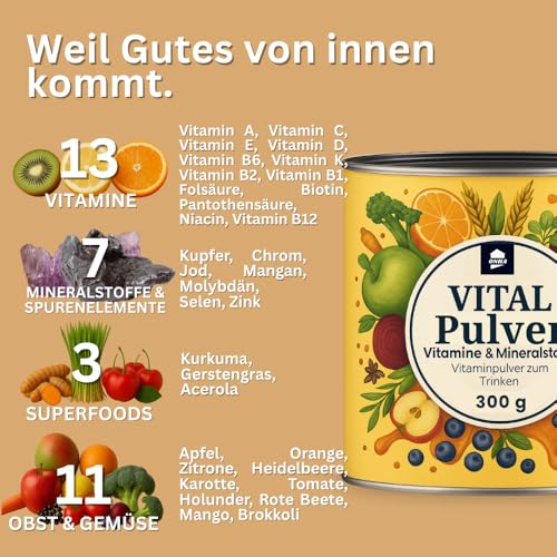 Vital Multivitamin Pulver - mit Zink, Kupfer und Selen - 50 Portionen Vitamine & Mineralstoffe - 300g mit Superfoods und Pflanzenstoffe