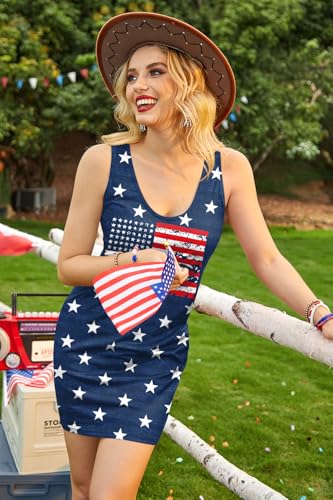 Image of For G and PL Women 4th of July American Flag Tank Dress Deep V Neck Stars Stripe Mini Patriotic Sleeveless Sundress