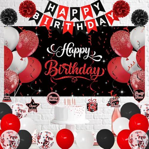 Image of Roetyce Red Birthday Decorations for Women, Black and Red Birthday Queen Sash & Crown Banner Backdrop Balloons Hanging Swirls Kit Gift for Her, Bday Party Backdrop Background