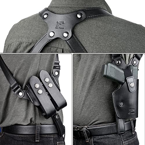 Handmade Universal Leather Shoulder Holster Compatible With Glock 17/19, 1911, Taurus G2C/G3C, M&P 9, Sig P220/P226, 92Fs, And More, Vertical Concealed Holster With Double Mag Holster, Right Hand #TOP5