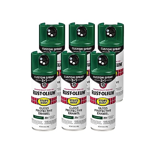Image of Rust-Oleum Stops Rust Custom 5-in-1 Spray Paint, Gloss Hunter Green | Rust Preventive Protective Enamel, Multi Surface (Metal, Wood and More), Adjustable Dial for Better Control, Fast Dry, 6 Pack